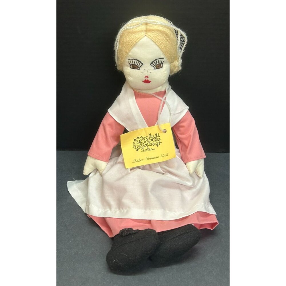 Vintage Handmade Shaker Costume Doll Pink Dress Apron Embroidered Face